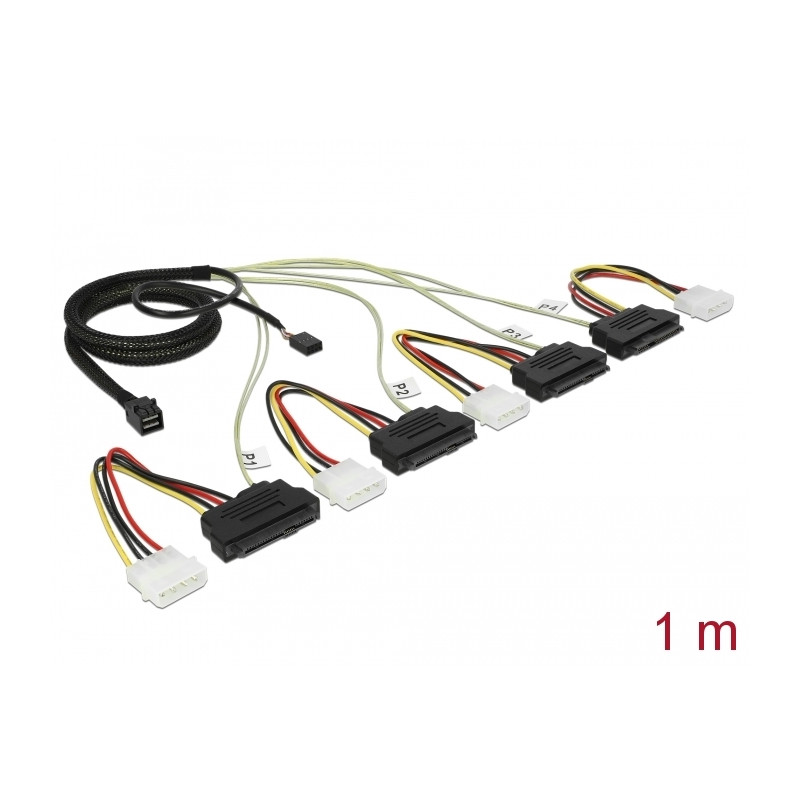 Delock Kabel Mini SAS HD SFF-8643 - 4 x SAS SFF-8482 + Power + Sideband 1 m