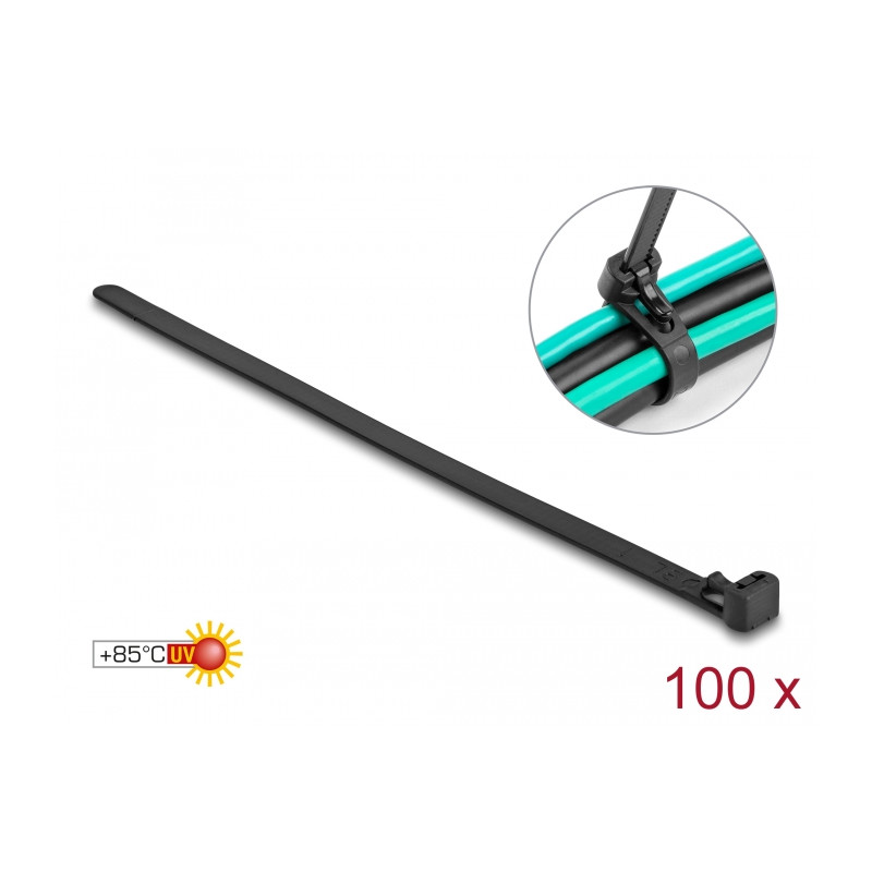 Delock Kabelbinder wiederverwendbar hitzebeständig L 200 x B 7,5 mm 100 Stück schwarz