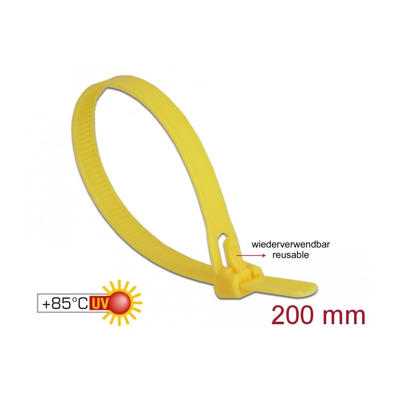Delock Kabelbinder wiederverwendbar hitzebeständig L 200 x B 7,5 mm 100 Stück gelb
