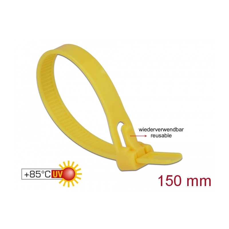Delock Kabelbinder wiederverwendbar hitzebeständig L 150 x B 7,5 mm 100 Stück gelb