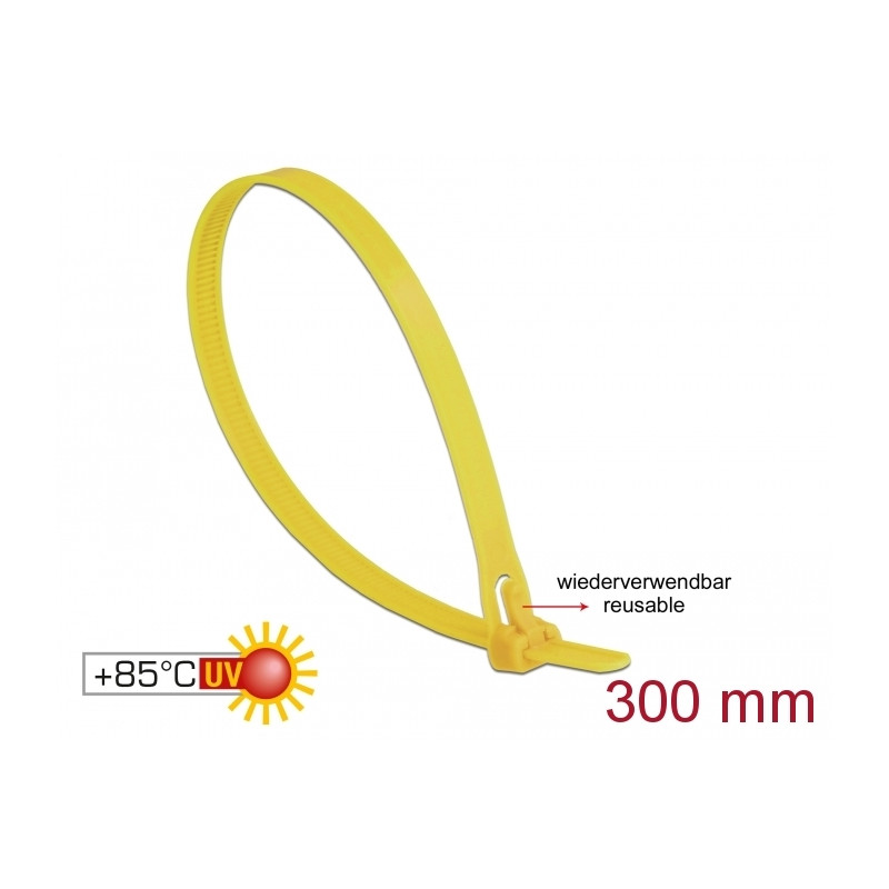Delock Kabelbinder wiederverwendbar hitzebeständig L 300 x B 7,6 mm 100 Stück gelb