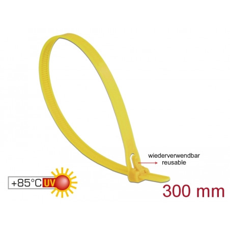 Delock Kabelbinder wiederverwendbar hitzebeständig L 300 x B 7,6 mm 100 Stück gelb