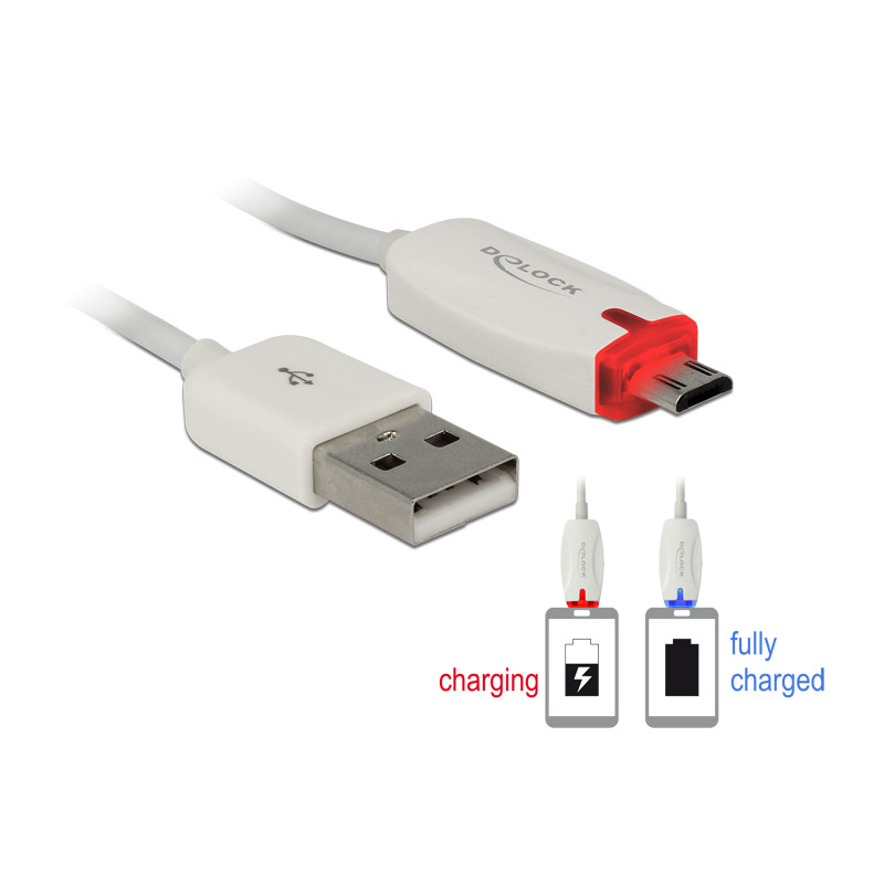 Delock Daten- und Ladekabel USB 2.0-A Stecker - Micro USB-B Stecker mit Leuchtanzeige weiß