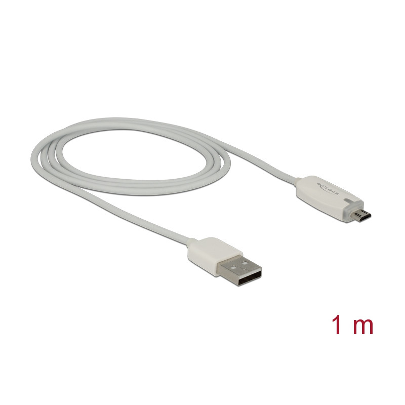 Delock Daten- und Ladekabel USB 2.0-A Stecker - Micro USB-B Stecker mit Leuchtanzeige weiß