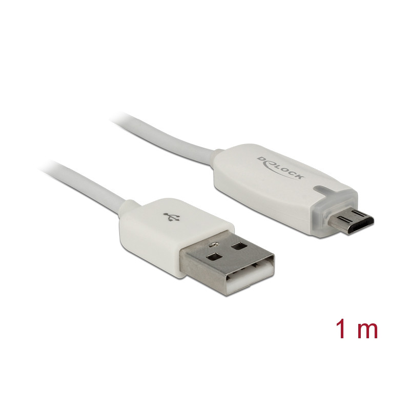 Delock Daten- und Ladekabel USB 2.0-A Stecker - Micro USB-B Stecker mit Leuchtanzeige weiß