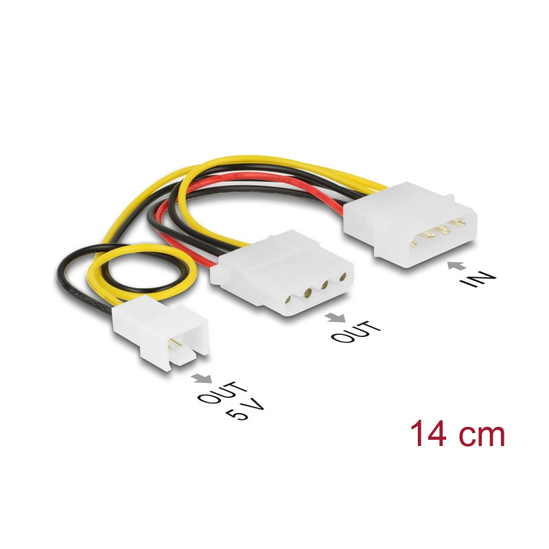 Delock Stromkabel 4 Pin Stecker - 1 x 4 Pin Buchse + 1 x 3 Pin Stecker (Lüfter) 14 cm
