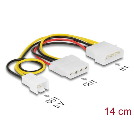 Delock Stromkabel 4 Pin Stecker - 1 x 4 Pin Buchse + 1 x 3 Pin Stecker (Lüfter) 14 cm