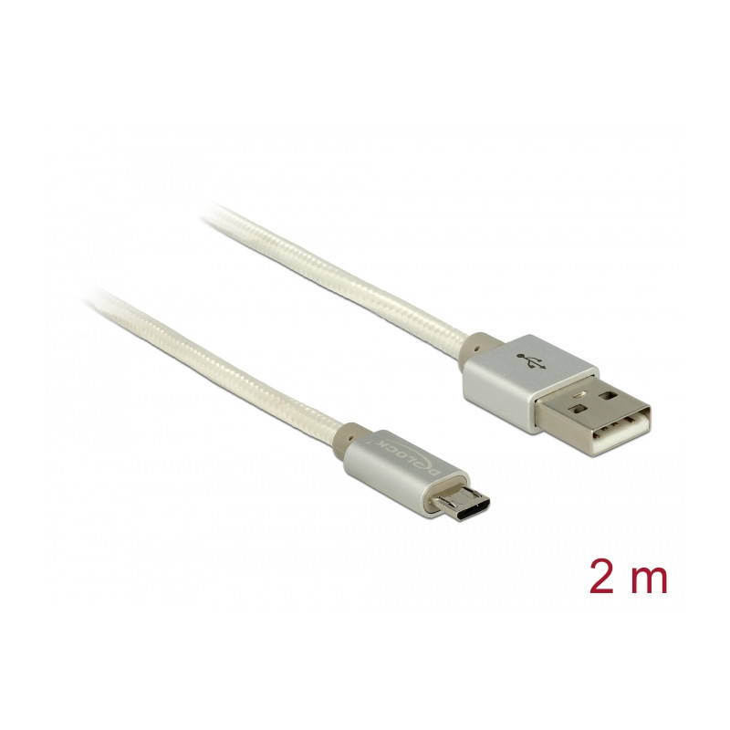 Delock Daten- und Ladekabel USB Typ-A Stecker - USB Typ Micro-B Stecker mit Textilummantelung weiß 200 cm
