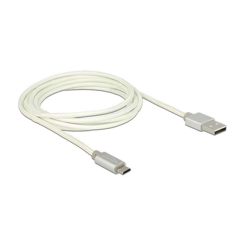 Delock Daten- und Ladekabel USB Typ-A Stecker - USB Typ Micro-B Stecker mit Textilummantelung weiß 200 cm