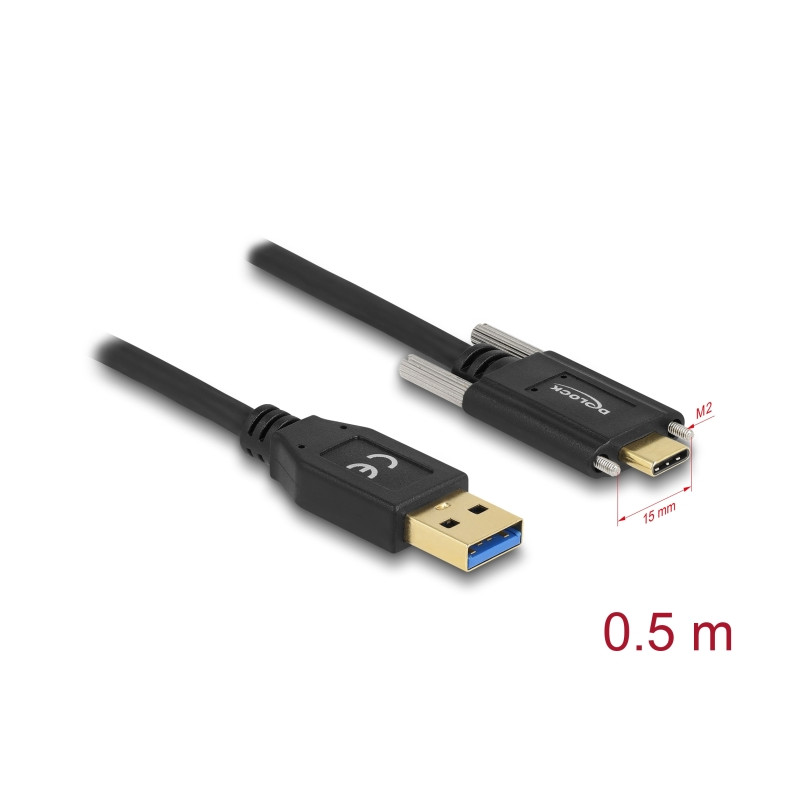 Delock USB 10 Gbps Kabel Typ-A Stecker zu USB Type-C™ Stecker mit Schrauben seitlich 0,5 m