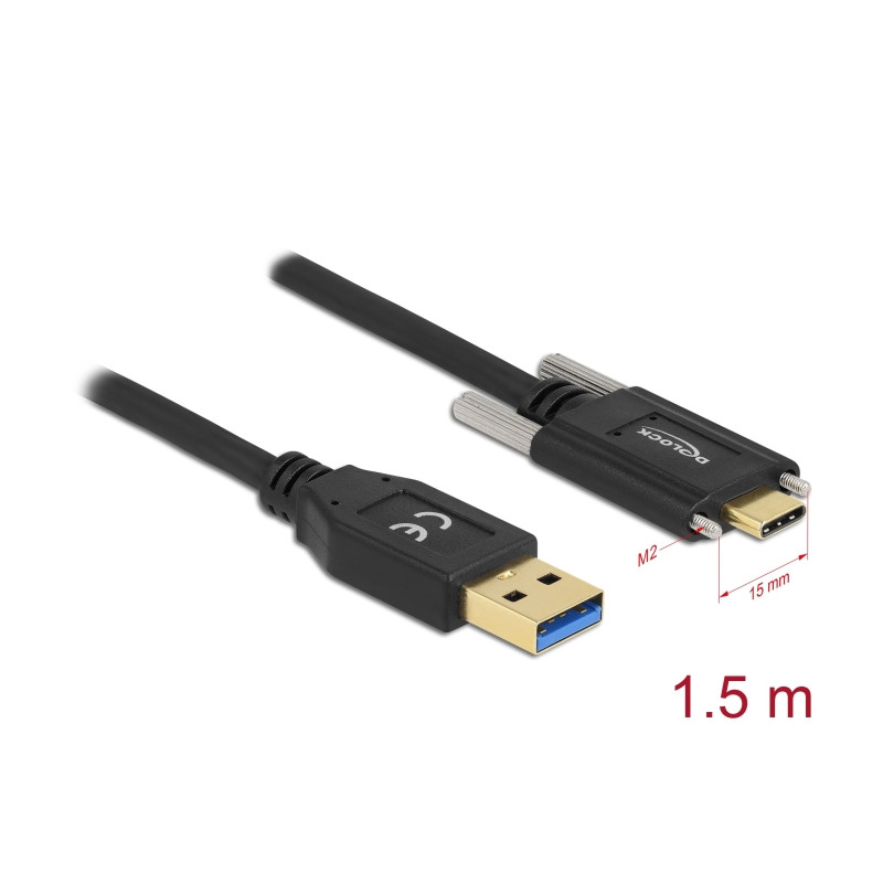 Delock USB 10 Gbps Kabel Typ-A Stecker zu USB Type-C™ Stecker mit Schrauben seitlich 1,5 m