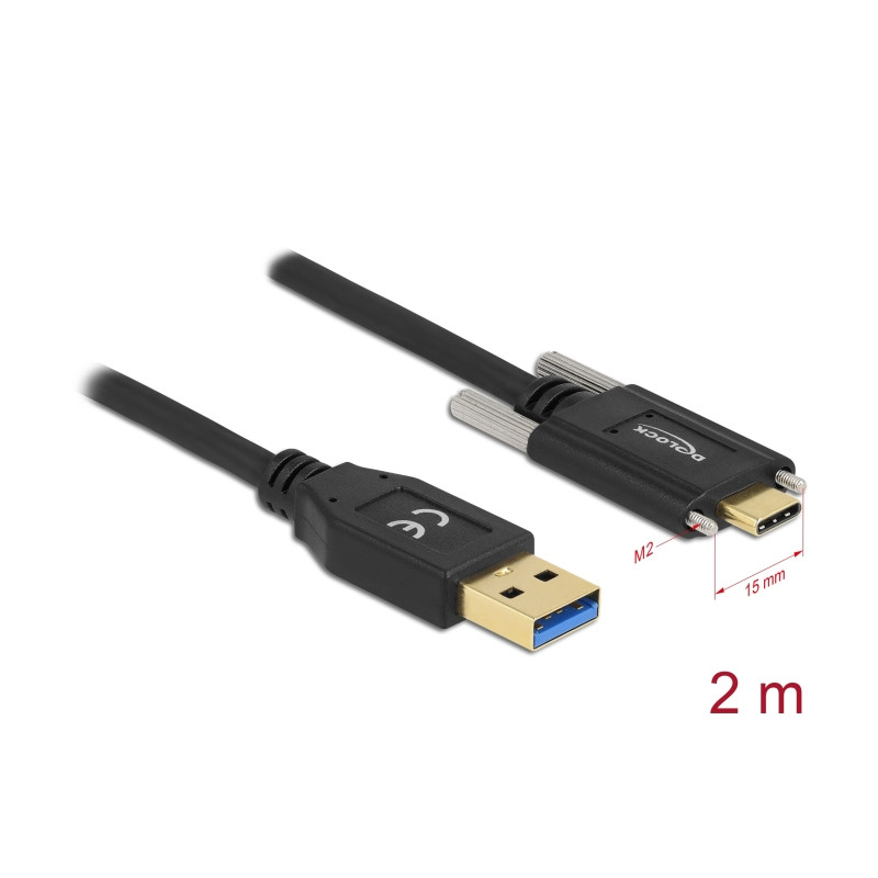 Delock USB 10 Gbps Kabel Typ-A Stecker zu USB Type-C™ Stecker mit Schrauben seitlich 2 m