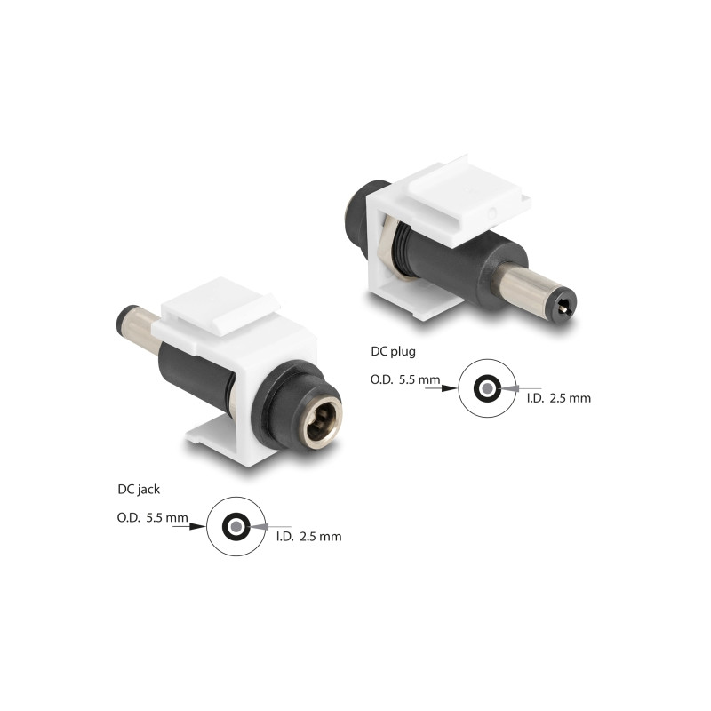 Delock Keystone Modul DC 5,5 x 2,5 mm Buchse zu DC 5,5 x 2,5 mm Stecker weiß