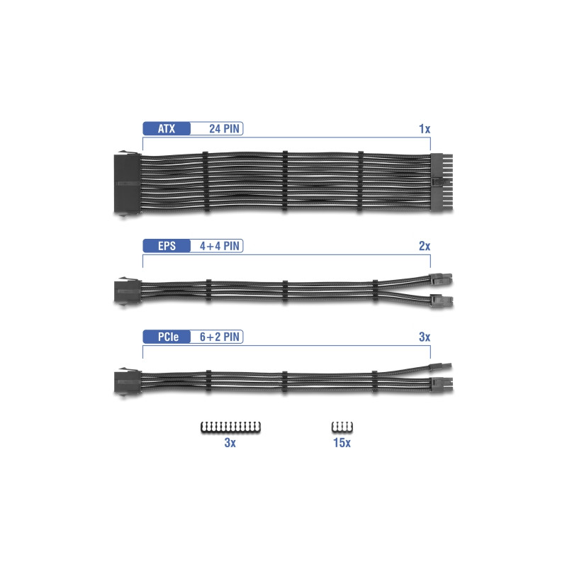 Delock PSU Verlängerungskabel Set 30 cm 6-teilig Sleeved mit Kabelkämmen (1 x 24 Pin ATX, 2 x 4 + 4 Pin EPS, 3 x 6 + 2 Pin PCIe)