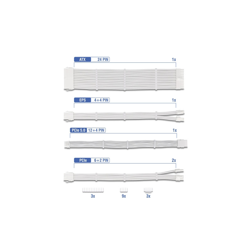 Delock PSU Verlängerungskabel Set 30 cm 5-teilig Sleeved mit Kabelkämmen (1 x 24 Pin ATX, 1 x 12 + 4 Pin 12VHPWR PCIe 5.0, 1 x 4
