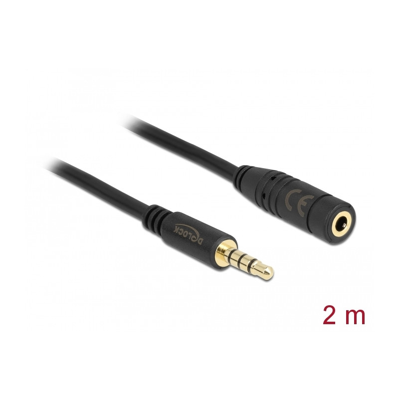 Delock Klinkenverlängerungskabel 3,5 mm 4 Pin Stecker zu Buchse 2 m schwarz
