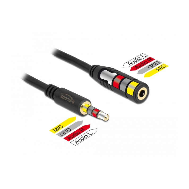 Delock Klinkenverlängerungskabel 3,5 mm 4 Pin Stecker zu Buchse 2 m schwarz