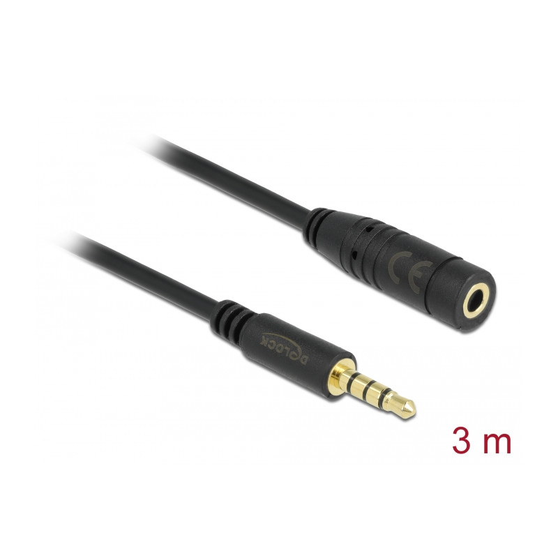 Delock Klinkenverlängerungskabel 3,5 mm 4 Pin Stecker zu Buchse 3 m schwarz