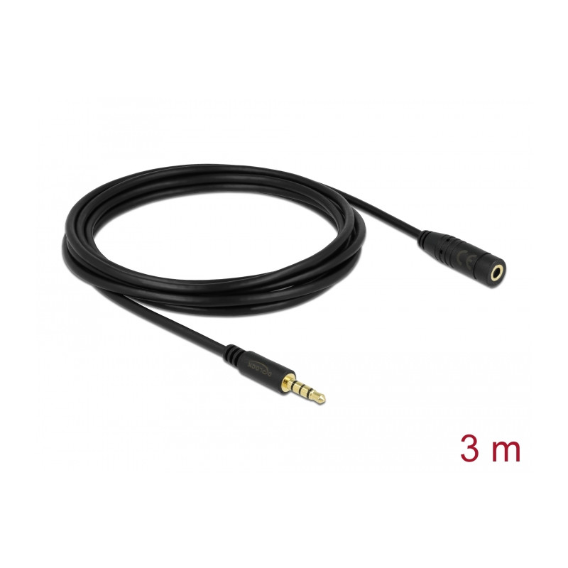 Delock Klinkenverlängerungskabel 3,5 mm 4 Pin Stecker zu Buchse 3 m schwarz