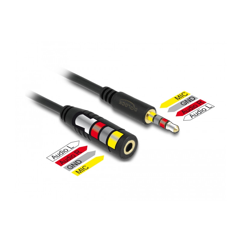 Delock Klinkenverlängerungskabel 3,5 mm 4 Pin Stecker zu Buchse 3 m schwarz