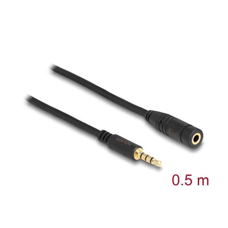 Delock Klinkenverlängerungskabel 3,5 mm 4 Pin Stecker zu Buchse 0,5 m schwarz