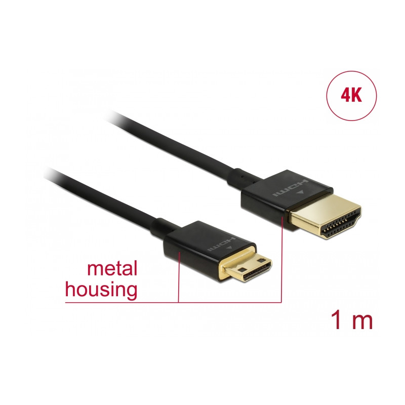 Delock Kabel High Speed HDMI mit Ethernet - HDMI-A Stecker - HDMI Mini-C Stecker 3D 4K 1 m Slim High Quality