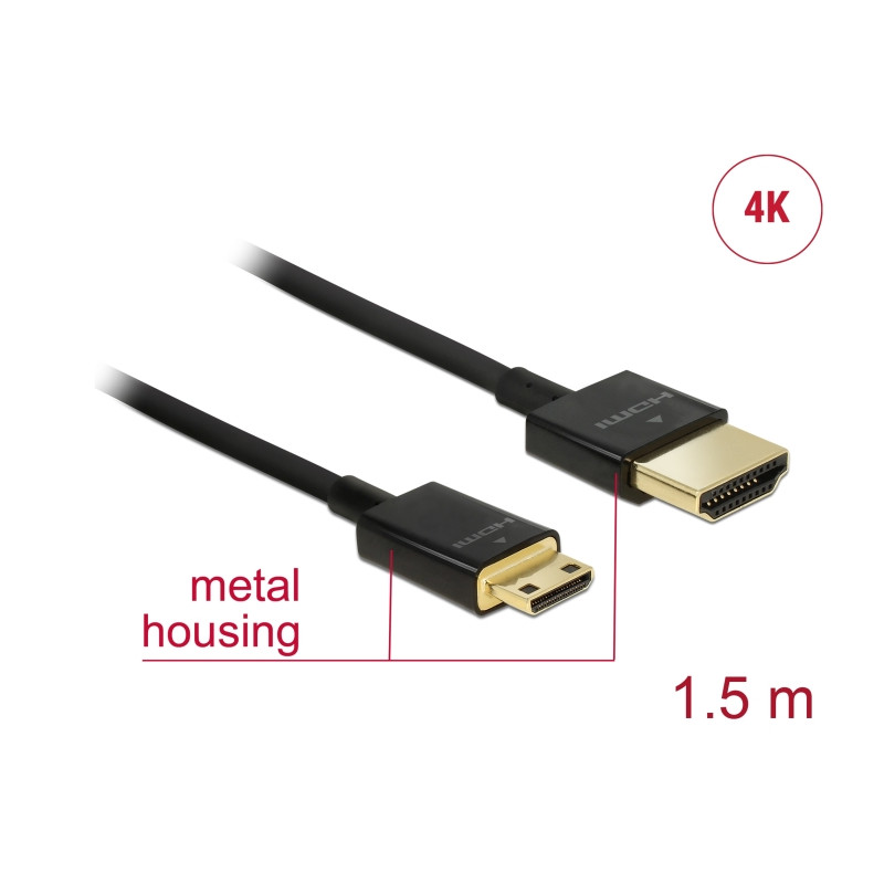 Delock Kabel High Speed HDMI mit Ethernet - HDMI-A Stecker - HDMI Mini-C Stecker 3D 4K 1,5 m Slim High Quality