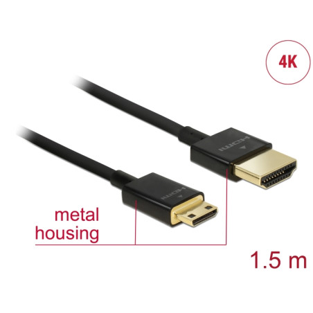 Delock Kabel High Speed HDMI mit Ethernet - HDMI-A Stecker - HDMI Mini-C Stecker 3D 4K 1,5 m Slim High Quality