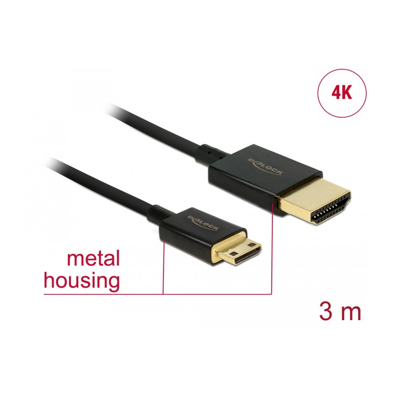 Delock Kabel High Speed HDMI mit Ethernet - HDMI-A Stecker - HDMI Mini-C Stecker 3D 4K 3 m Aktiv Slim High Quality