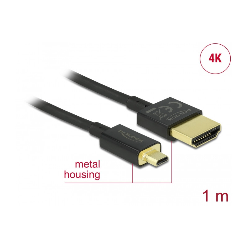 Delock Kabel High Speed HDMI mit Ethernet - HDMI-A Stecker - HDMI Micro-D Stecker 3D 4K 1 m Slim High Quality