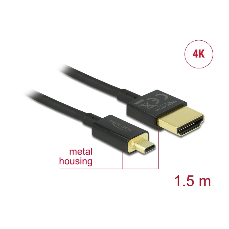Delock Kabel High Speed HDMI mit Ethernet - HDMI-A Stecker - HDMI Micro-D Stecker 3D 4K 1,5 m Slim High Quality