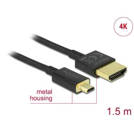 Delock Kabel High Speed HDMI mit Ethernet - HDMI-A Stecker - HDMI Micro-D Stecker 3D 4K 1,5 m Slim High Quality