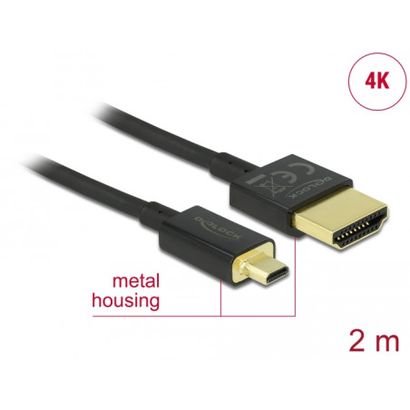 Delock Kabel High Speed HDMI mit Ethernet - HDMI-A Stecker - HDMI Micro-D Stecker 3D 4K 2 m Slim High Quality
