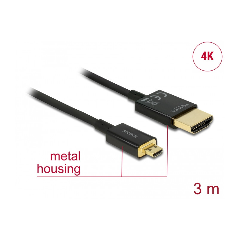 Delock Kabel High Speed HDMI mit Ethernet - HDMI-A Stecker - HDMI Micro-D Stecker 3D 4K 3 m Aktiv Slim High Quality