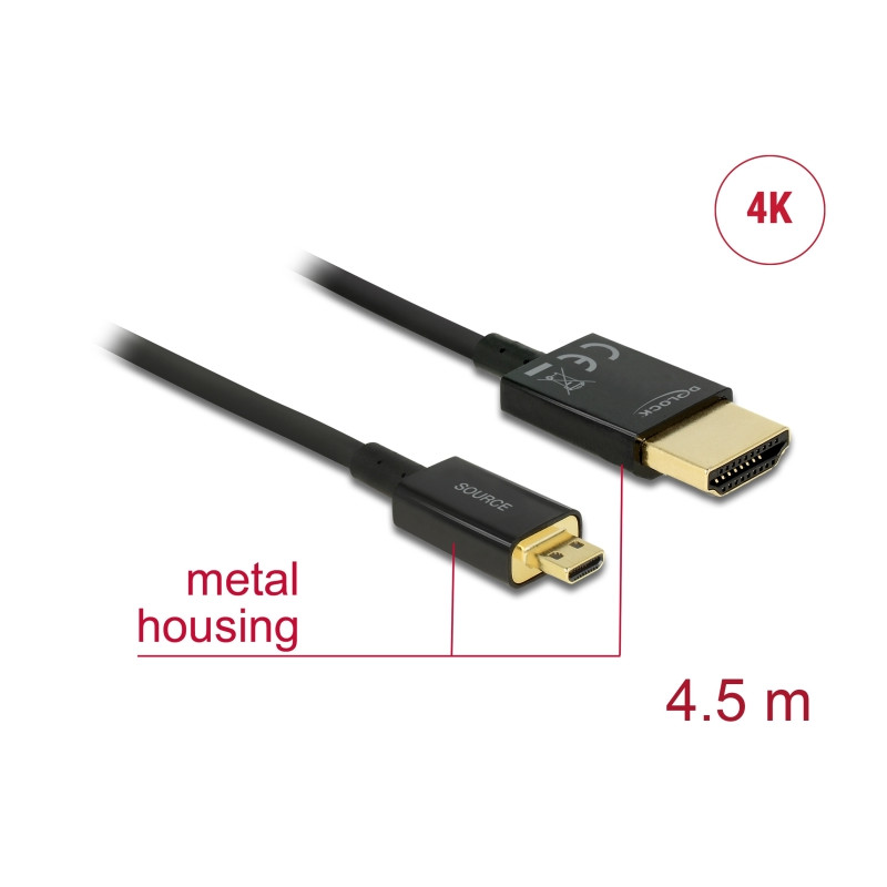Delock Kabel High Speed HDMI mit Ethernet - HDMI-A Stecker - HDMI Micro-D Stecker 3D 4K 4,5 m Aktiv Slim High Quality