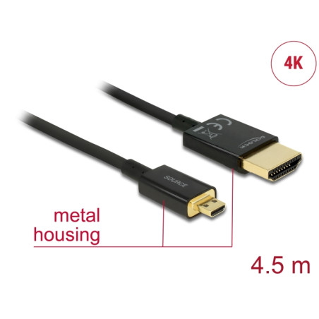 Delock Kabel High Speed HDMI mit Ethernet - HDMI-A Stecker - HDMI Micro-D Stecker 3D 4K 4,5 m Aktiv Slim High Quality