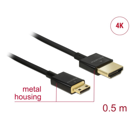 Delock Kabel High Speed HDMI mit Ethernet - HDMI-A Stecker - HDMI Mini-C Stecker 3D 4K 0,5 m Slim High Quality