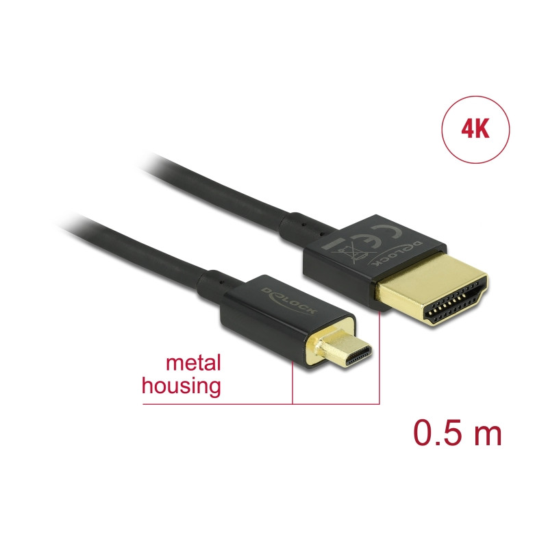 Delock Kabel High Speed HDMI mit Ethernet - HDMI-A Stecker - HDMI Micro-D Stecker 3D 4K 0,5 m Slim High Quality