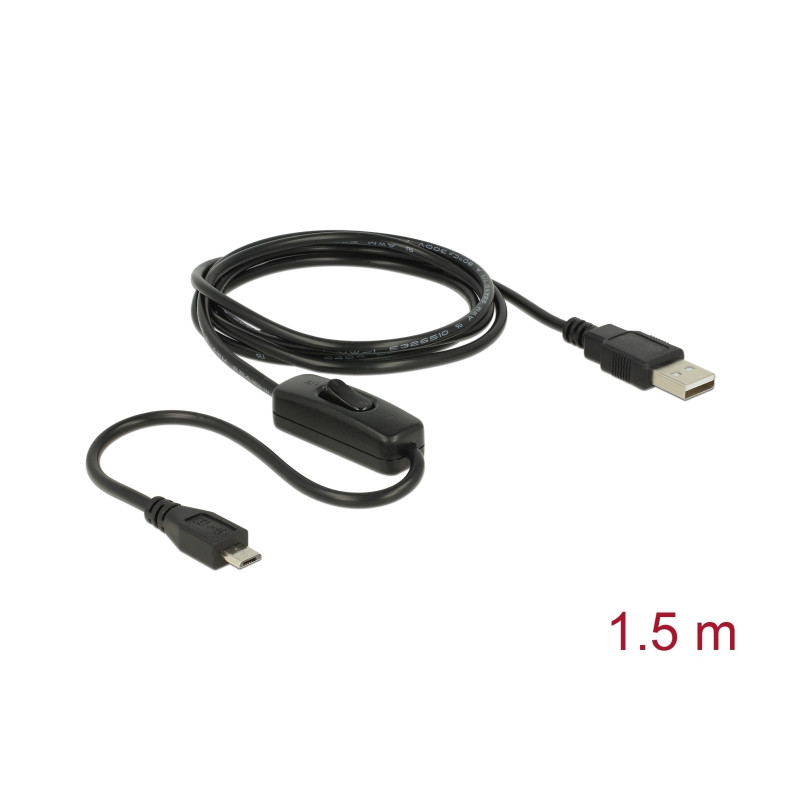 Delock Ladekabel USB 2.0 Typ-A Stecker - USB 2.0 Micro-B Stecker mit Schalter für Raspberry Pi 1,5 m
