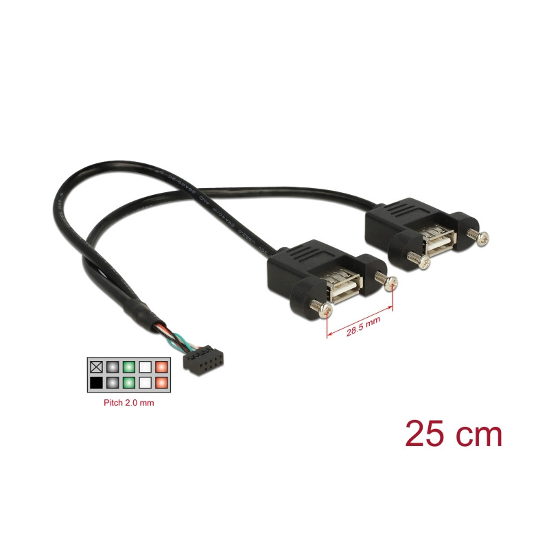 Delock Kabel USB 2.0 Pfostenbuchse 2,00 mm 10 Pin - 2 x USB 2.0 Typ-A Buchse zum Einbau 25 cm