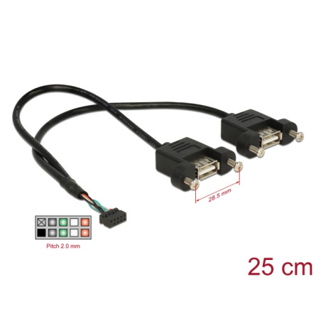 Delock Kabel USB 2.0 Pfostenbuchse 2,00 mm 10 Pin - 2 x USB 2.0 Typ-A Buchse zum Einbau 25 cm