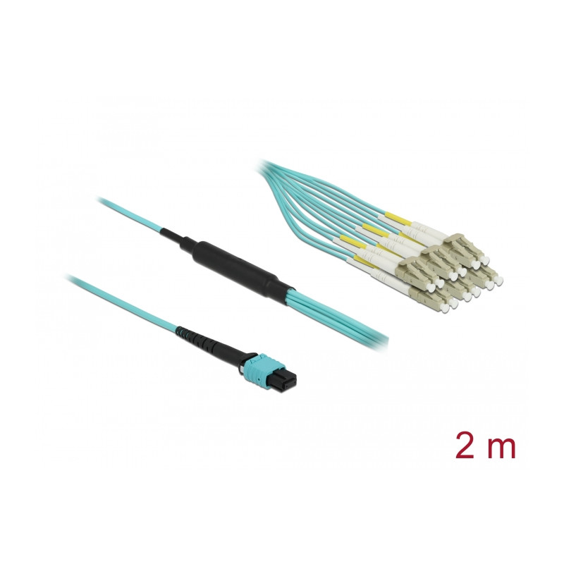 Delock LWL Kabel MPO Buchse zu 6 x LC Duplex Stecker, Multimode OM3, 50/125 µm, 2 m