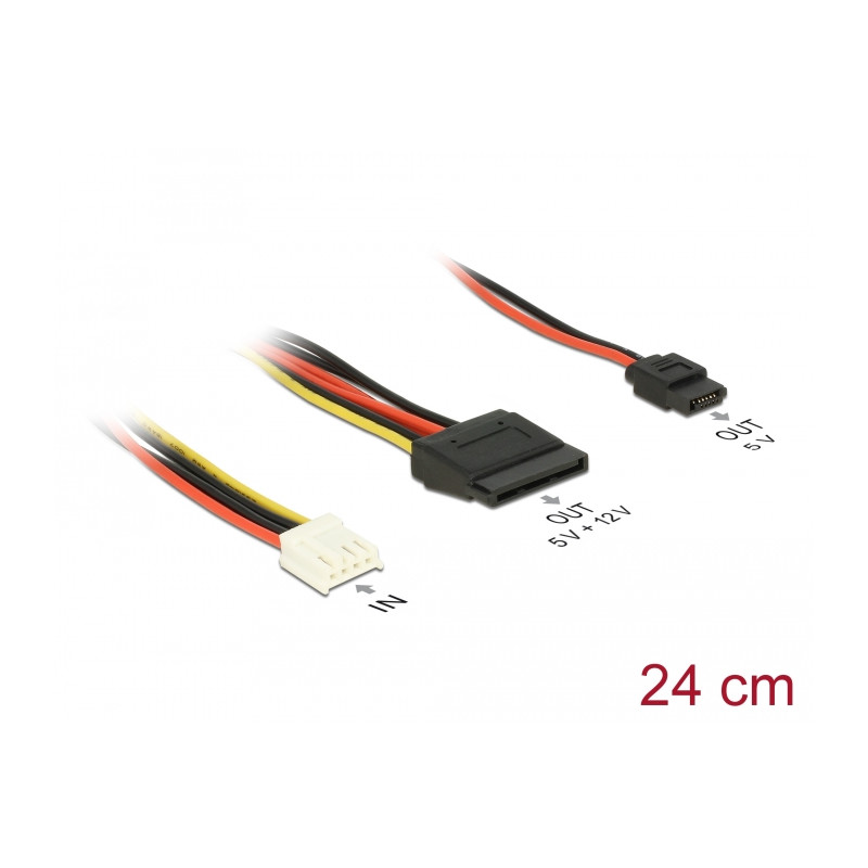 Delock Kabel Power Floppy 4 Pin Strom Buchse - SATA 15 Pin Buchse (5 V + 12 V) + Slim SATA 6 Pin Buchse (5 V) 24 cm