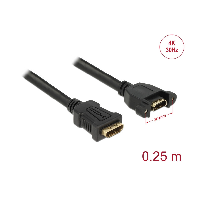 Delock Kabel HDMI-A Buchse - HDMI-A Buchse zum Einbau 4K 30 Hz 0,25 m