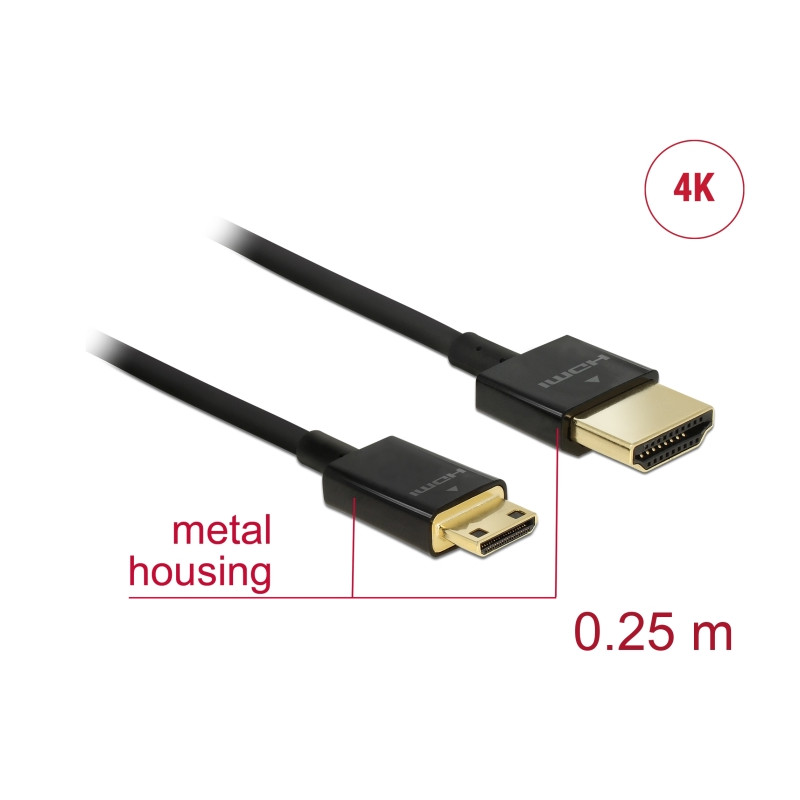 Delock Kabel High Speed HDMI mit Ethernet - HDMI-A Stecker - HDMI Mini-C Stecker 3D 4K 0,25 m Slim High Quality