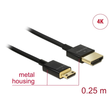 Delock Kabel High Speed HDMI mit Ethernet - HDMI-A Stecker - HDMI Mini-C Stecker 3D 4K 0,25 m Slim High Quality