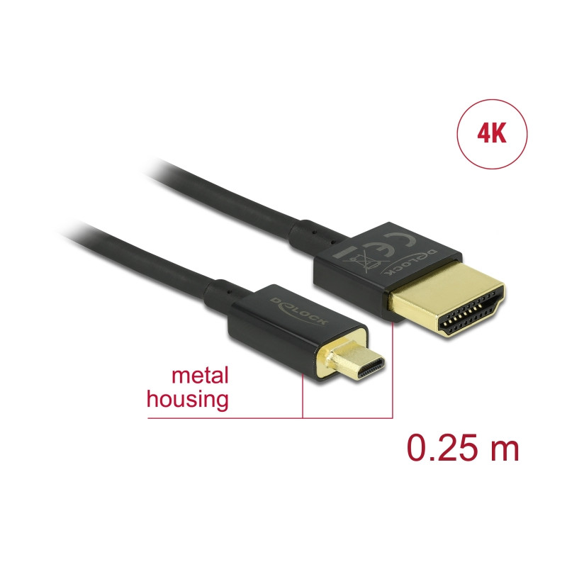Delock Kabel High Speed HDMI mit Ethernet - HDMI-A Stecker - HDMI Micro-D Stecker 3D 4K 0,25 m Slim High Quality