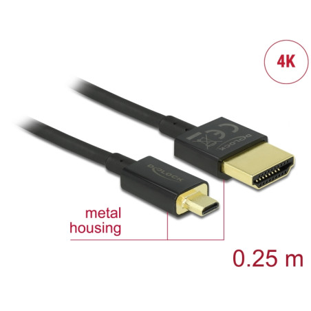 Delock Kabel High Speed HDMI mit Ethernet - HDMI-A Stecker - HDMI Micro-D Stecker 3D 4K 0,25 m Slim High Quality
