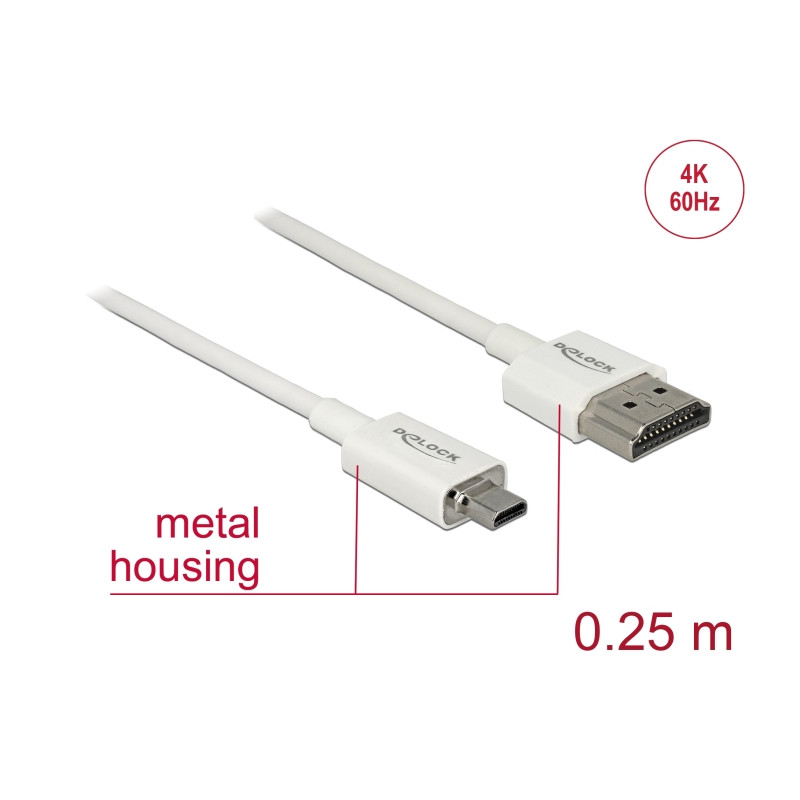 Delock Kabel High Speed HDMI mit Ethernet - HDMI-A Stecker - HDMI Micro-D Stecker 3D 4K 0,25 m Slim High Quality
