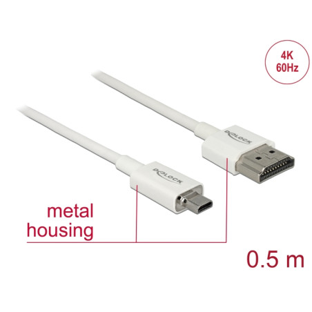 Delock Kabel High Speed HDMI mit Ethernet - HDMI-A Stecker - HDMI Micro-D Stecker 3D 4K 0,5 m Slim High Quality